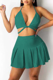 Yellow Sexy Solid Bandage Patchwork Fold Halter Two Pieces