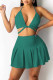 Tibetan Blue Sexy Solid Bandage Patchwork Fold Halter Two Pieces
