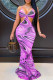 Purple Fashion Sexy Print Backless V Neck Sling Dress