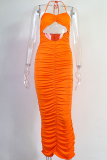 Tangerine Red Sexy Solid Hollowed Out Halter Pencil Skirt Dresses