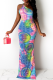 Blue Red Sexy Print Patchwork Halter Pencil Skirt Dresses