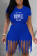 Peacock Blue Fashion Casual Letter Print Tassel O Neck Short Sleeve Two Pieces