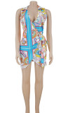 Sky Blue Sexy Print Bandage Patchwork Asymmetrical V Neck Mini Dress Dresses