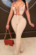 Apricot Sexy Solid Tassel Hollowed Out Patchwork Frenulum U Neck Sleeveless Two Pieces