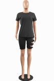 Red Sexy Solid Ripped Bandage O Neck Short Sleeve Two Pieces