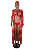 Red Sexy Print Hollowed Out Patchwork Swimwears