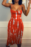 Orange Fashion Sexy Print Backless Spaghetti Strap Sleeveless Dress