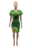 Green Fashion Casual Plus Size Print Basic O Neck Short Sleeve Dress