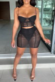Rose Red Sexy Solid Mesh Spaghetti Strap Sleeveless Two Pieces