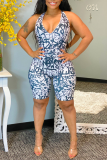 Blue Sexy Print Patchwork Halter Skinny Rompers