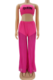 Rose Red Sexy Print Mesh Strapless Sleeveless Two Pieces