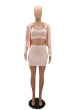 Pink Sexy Casual Solid Cardigan Vests O Neck Long Sleeve Three-piece Set