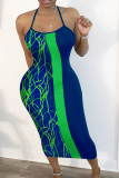Green Sexy Print Split Joint Spaghetti Strap Pencil Skirt Dresses