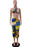 Yellow Sexy Print Hollowed Out Halter Sleeveless Two Pieces
