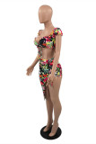 Multicolor Fashion Sexy Print Backless Asymmetrical V Neck Two Pieces