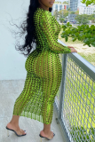 Fluorescent Green Sexy Solid Hollowed Out O Neck Pencil Skirt Dresses