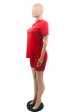 Red Casual Solid Patchwork Zipper Collar Short Sleeve Two Pieces