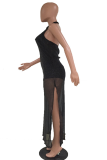 Black Sexy Solid Mesh Halter Irregular Dress Dresses