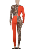 Red Casual Print Leopard Split Joint O Neck Long Sleeve Two Pieces