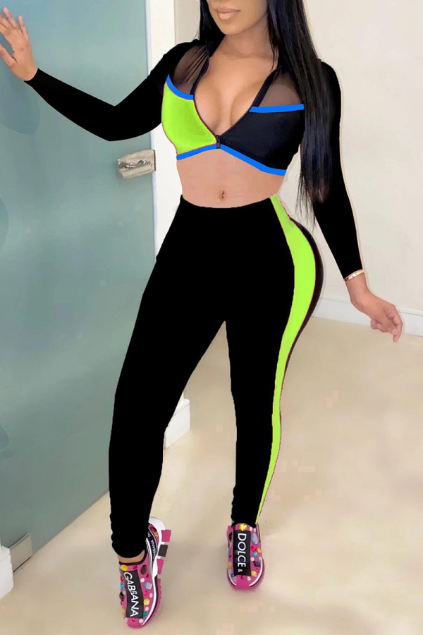 Fluorescent Green Sexy Solid Patchwork V Neck Long Sleeve Two Pieces