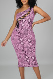 Leopard Print Sexy Print Bandage Hollowed Out Patchwork Oblique Collar Pencil Skirt Dresses