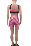 Pink Sexy Striped Print Patchwork Sleeveless Two Pieces