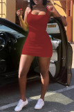 Red Sexy Casual Solid Basic Square Collar Vest Dress