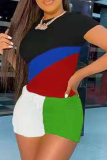 Red Casual Color Block Patchwork O Neck Short Sleeve Two Pieces