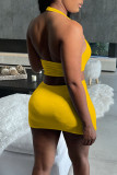 Yellow Sexy Solid Hollowed Out Split Joint Asymmetrical Halter Pencil Skirt Dresses