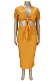 Yellow Fashion Casual Solid Bandage V Neck Plus Size Two Pieces