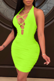 Pink Sexy Solid Hollowed Out Halter Pencil Skirt Dresses