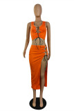 Orange Fashion Sexy Solid Bandage U Neck Sleeveless Two Pieces