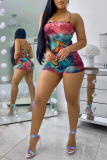 Blue Pink Sexy Print Patchwork Spaghetti Strap Skinny Rompers