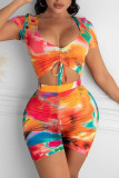 Pink Yellow Sexy Tie Dye Patchwork Draw String Square Collar Short Sleeve Two Pieces