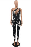 Grey Fashion Sexy Print Hollowed Out Backless One Shoulder Skinny Jumpsuits