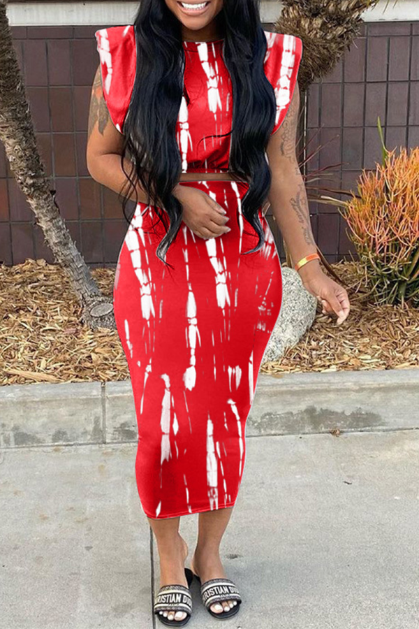 Red Sexy Print Patchwork O Neck Short Sleeve Two Pieces