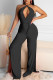 Black Sexy Casual Solid Backless Slit Halter Regular Jumpsuits