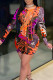 Tangerine Sexy Print Bandage Hollowed Out Patchwork O Neck Pencil Skirt Dresses