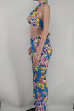 Blue Fashion Sexy Print Backless Halter Sleeveless Two Pieces