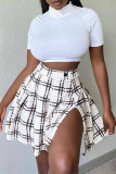 White Fashion Casual Print Slit Turtleneck Short Sleeve Two Pieces