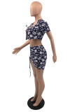Black Fashion Sexy Print Strap Design V Neck Short Sleeve Two Pieces