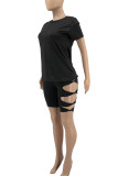 Black Casual Solid Hollowed Out Split Joint O Neck Short Sleeve Two Pieces