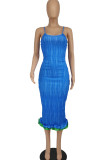 Blue Elegant Print Split Joint Spaghetti Strap Pencil Skirt Dresses