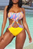Yellow Sexy Print Hollowed Out Patchwork Swimwears