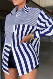 Blue Casual Striped Patchwork Turndown Collar Shirt Dress Dresses