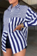 Blue Casual Striped Patchwork Turndown Collar Shirt Dress Dresses
