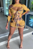 Light Green Fashion Sexy Print Bandage Hollowed Out O Neck Long Sleeve Dresses