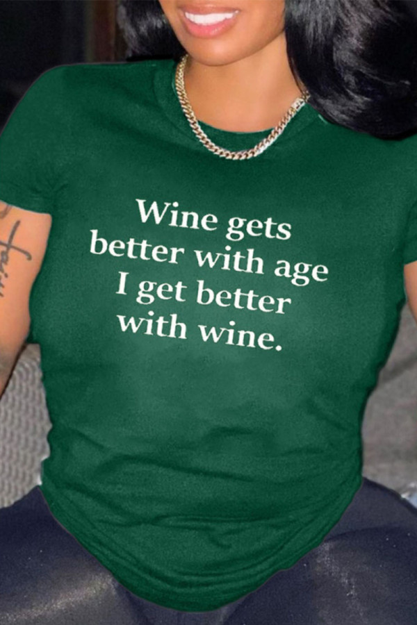 Ink Green Casual Letter Print Patchwork O Neck T-Shirts