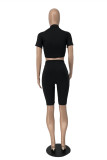 Black Casual Solid Basic Zipper Collar Short Sleeve Two Pieces