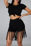 Red Fashion Casual Solid Tassel O Neck Short Sleeve Two Pieces
